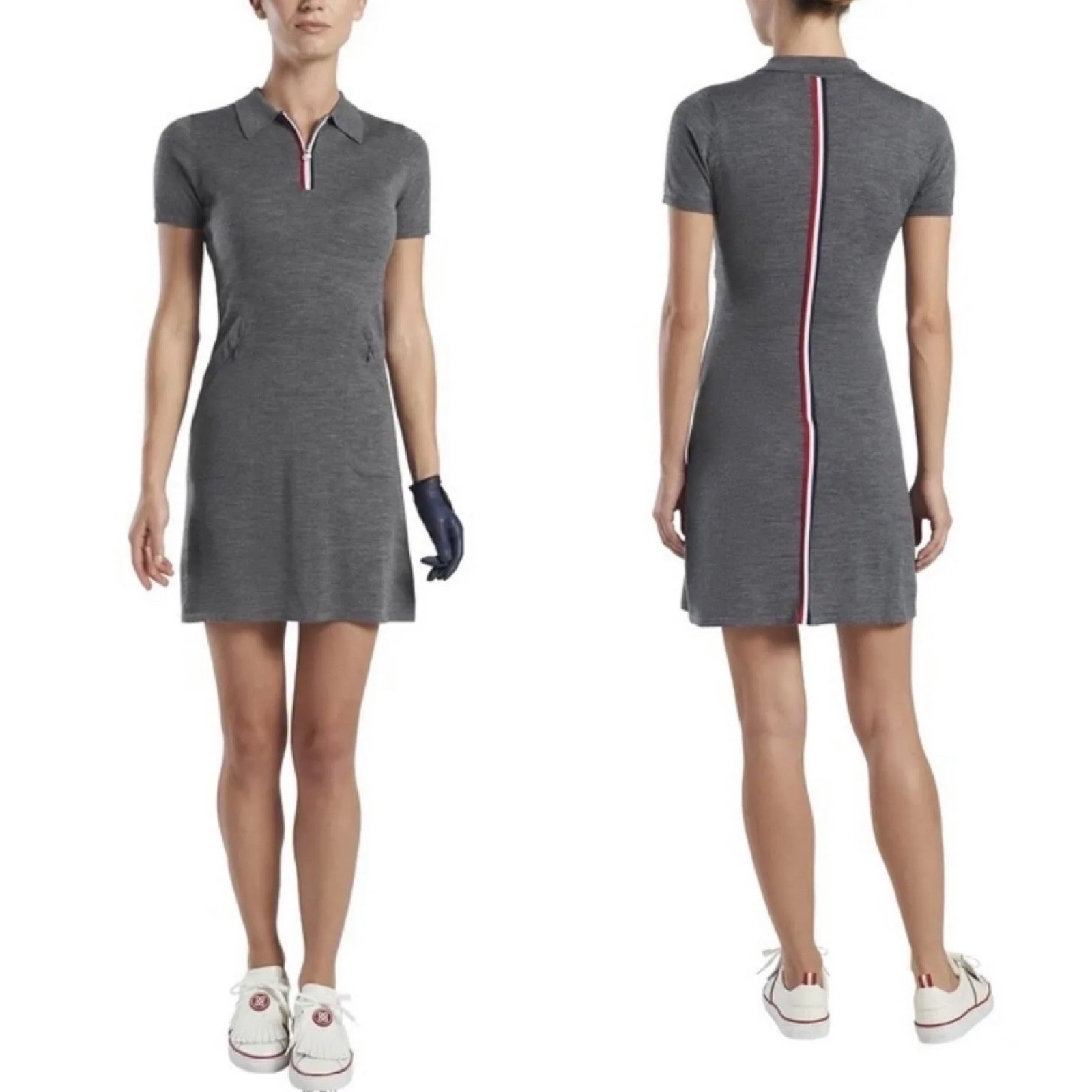 G/Fore Multi-Stripe Merino All Season Polo Dress Size L Gray Womens Golf NWT