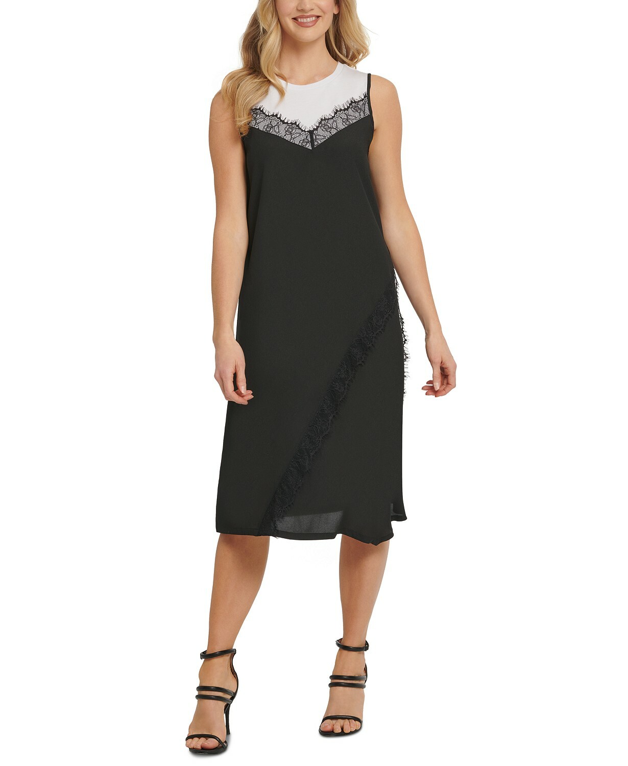 DKNY Sleeveless Dress Medium Womens Black White Lace Mixed Media Sheath New