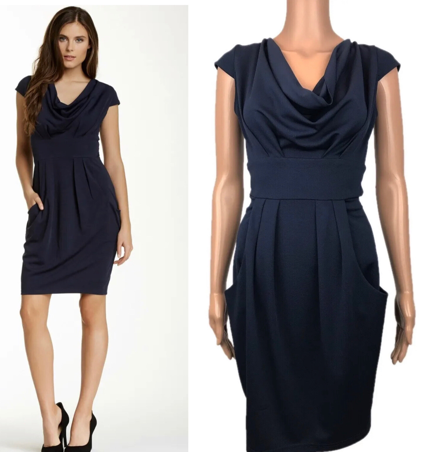 Pink Martini Perfect Symmetry Wiggle Dress Sz XS Navy Blue Draped Neck Pockets
