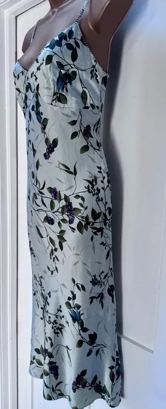 Monsoon 100% Silk Vintage Floral Cami Midi Dress UK 14 Sage Green Wedding Guest