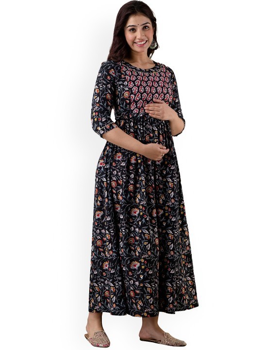 Handmade Floral Cotton Maternity Dress : Nursing Friendly Gown With Side Zipper