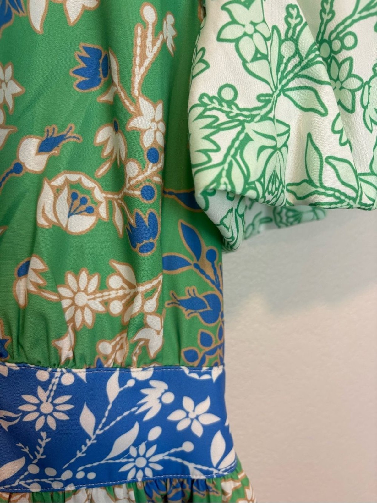 NEW Current Air Green and Blue Patchwork Floral Midi Dress Puff Sleeve Small