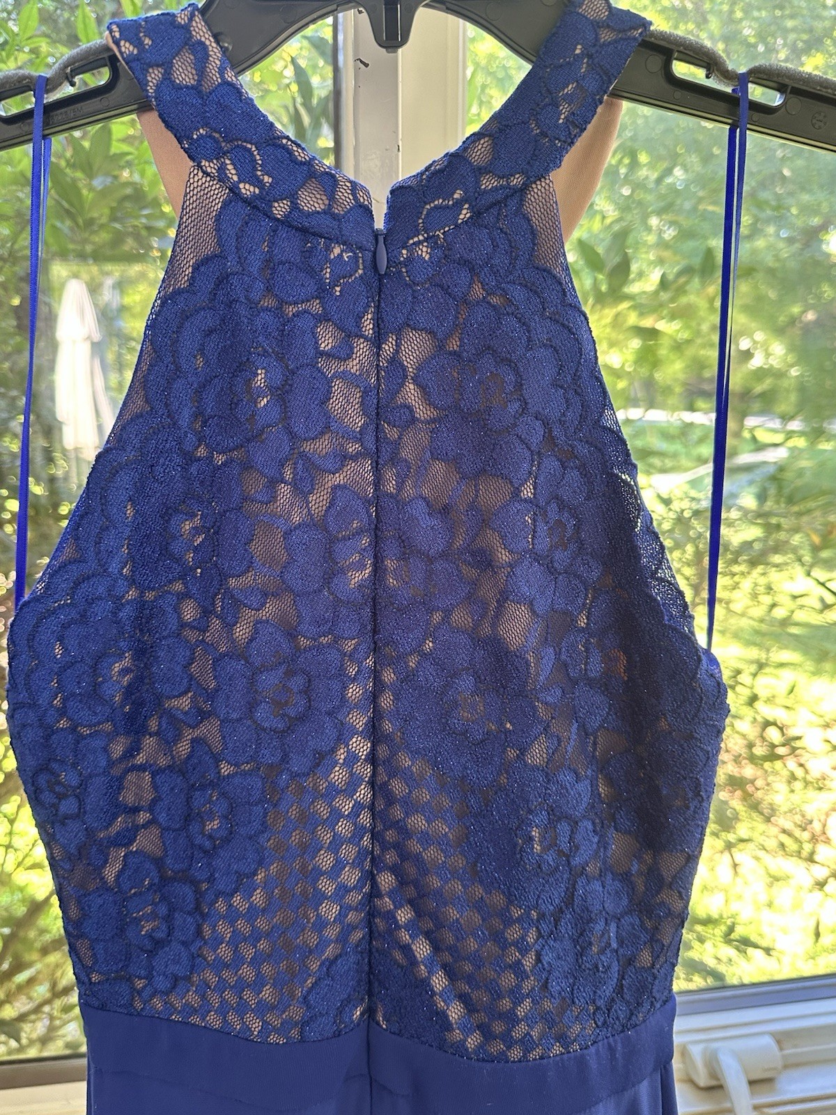 Morgan & Co. Blue Floral Lace Halter Sleeveless Long Gown Zip Sheer S/6