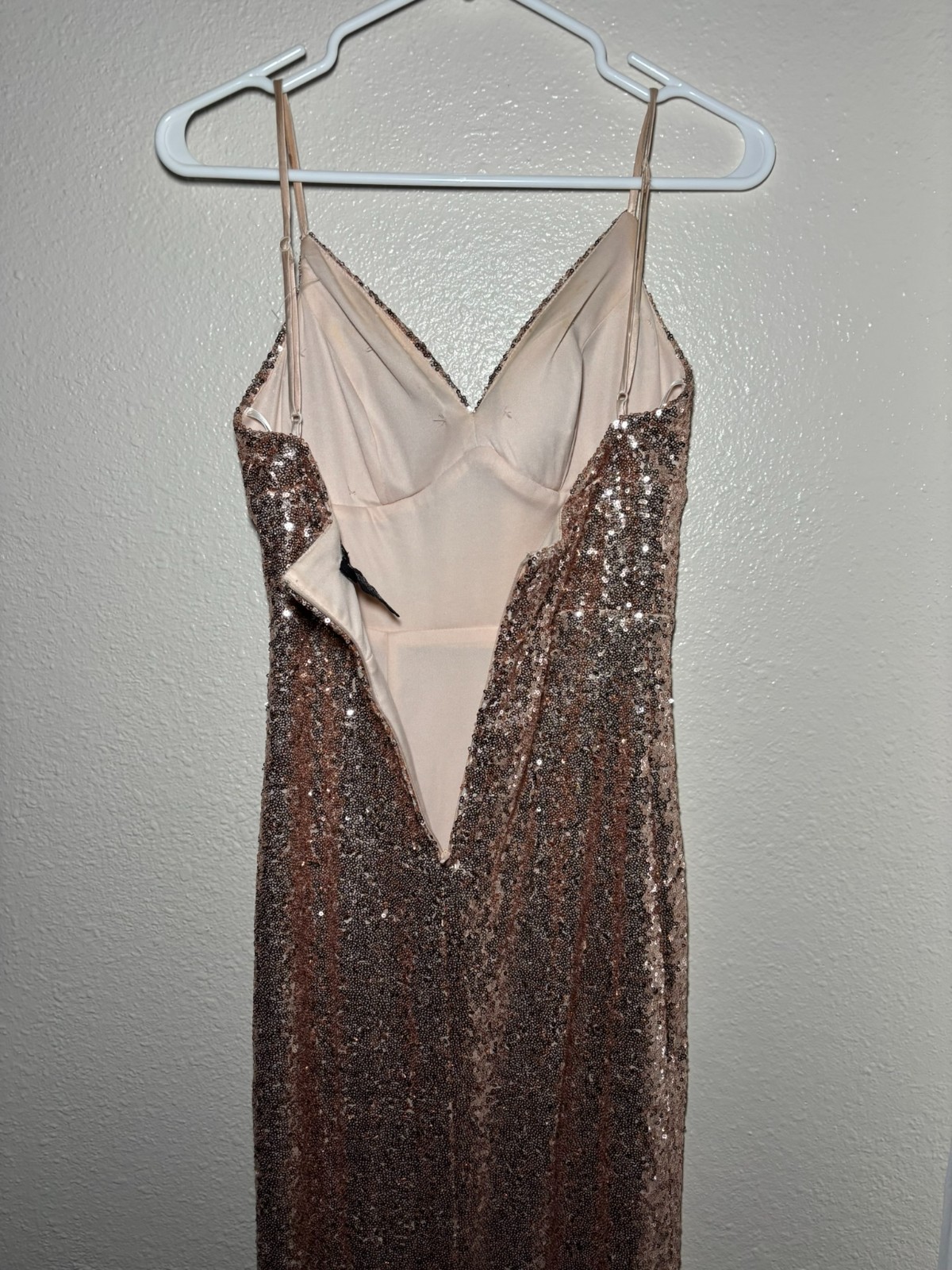 B Darlin Copper Sequin Spaghetti Strap Formal Gown Slit 5/6 Prom *Sm Flaw.