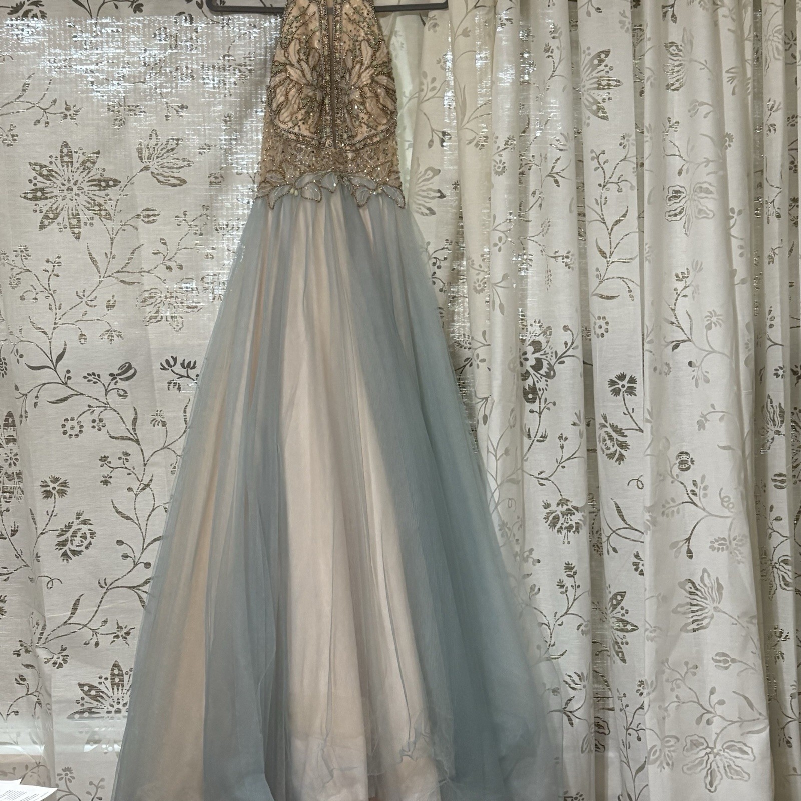 Glamour Halter Neck Beaded Bodice Contrast Tulle Long Ball Gown Prom Wedding