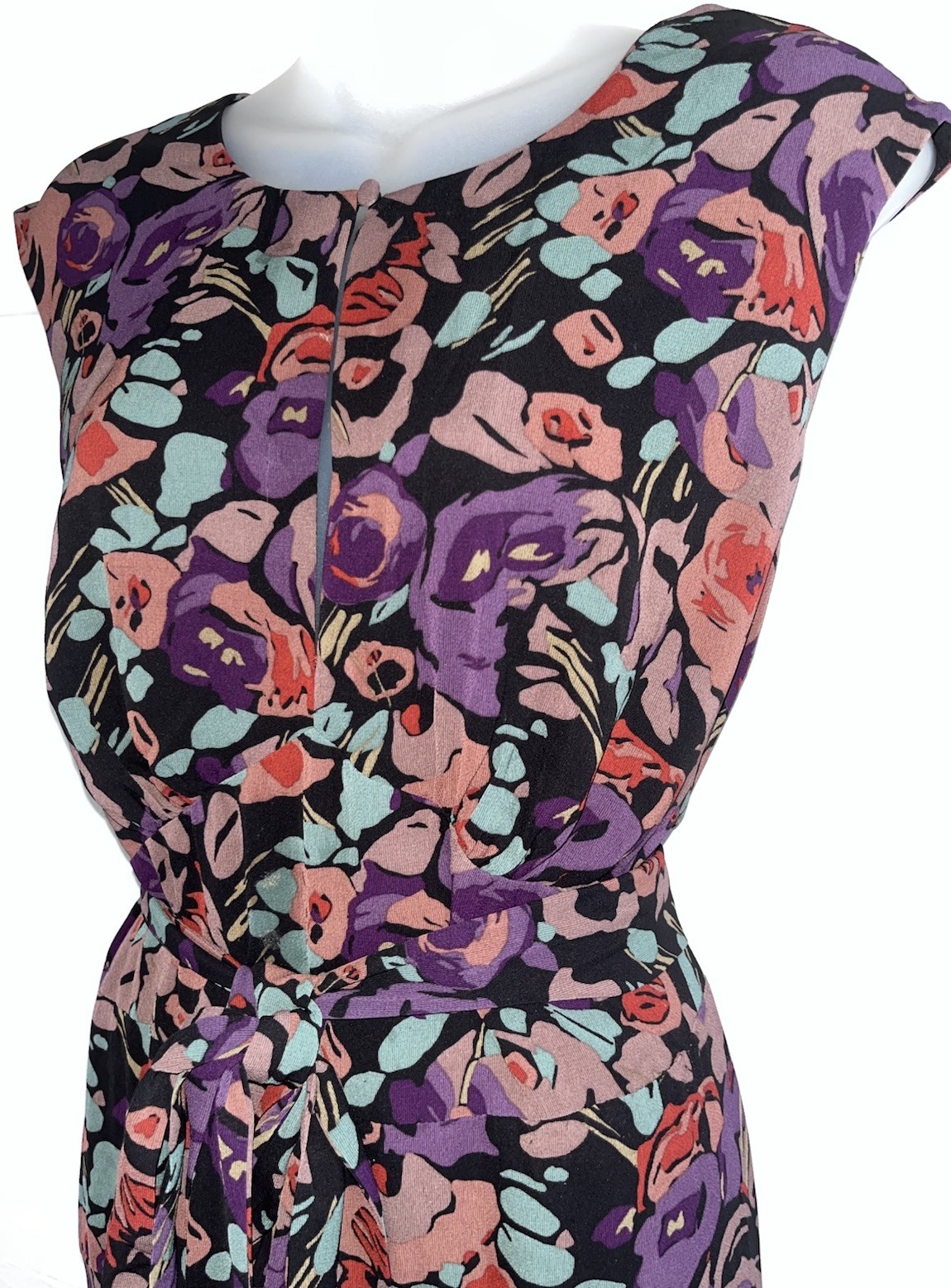 Ralph Lauren Purple Floral Belted Crepe Midi Dress Empire Waist S/S Dress-Sz 12