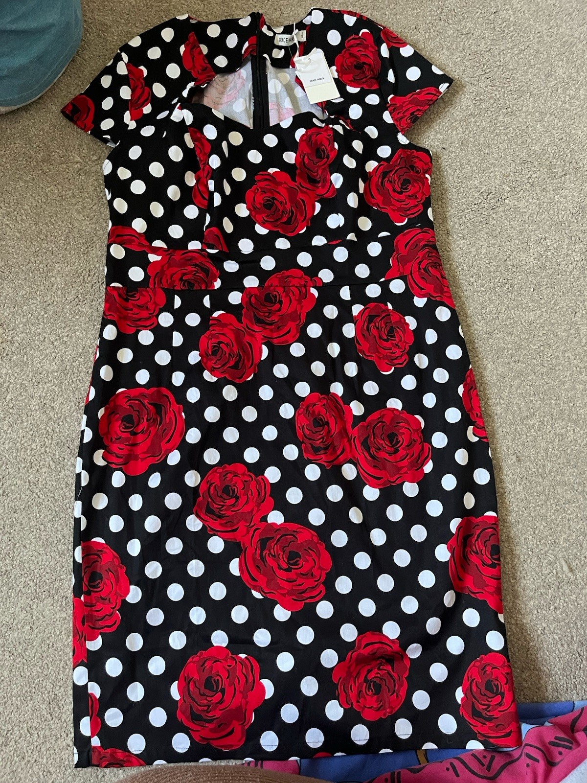 Grace Karin 2XL Black Red White Polka Dot Rose V-Neck Short Sleeve Midi Sheath