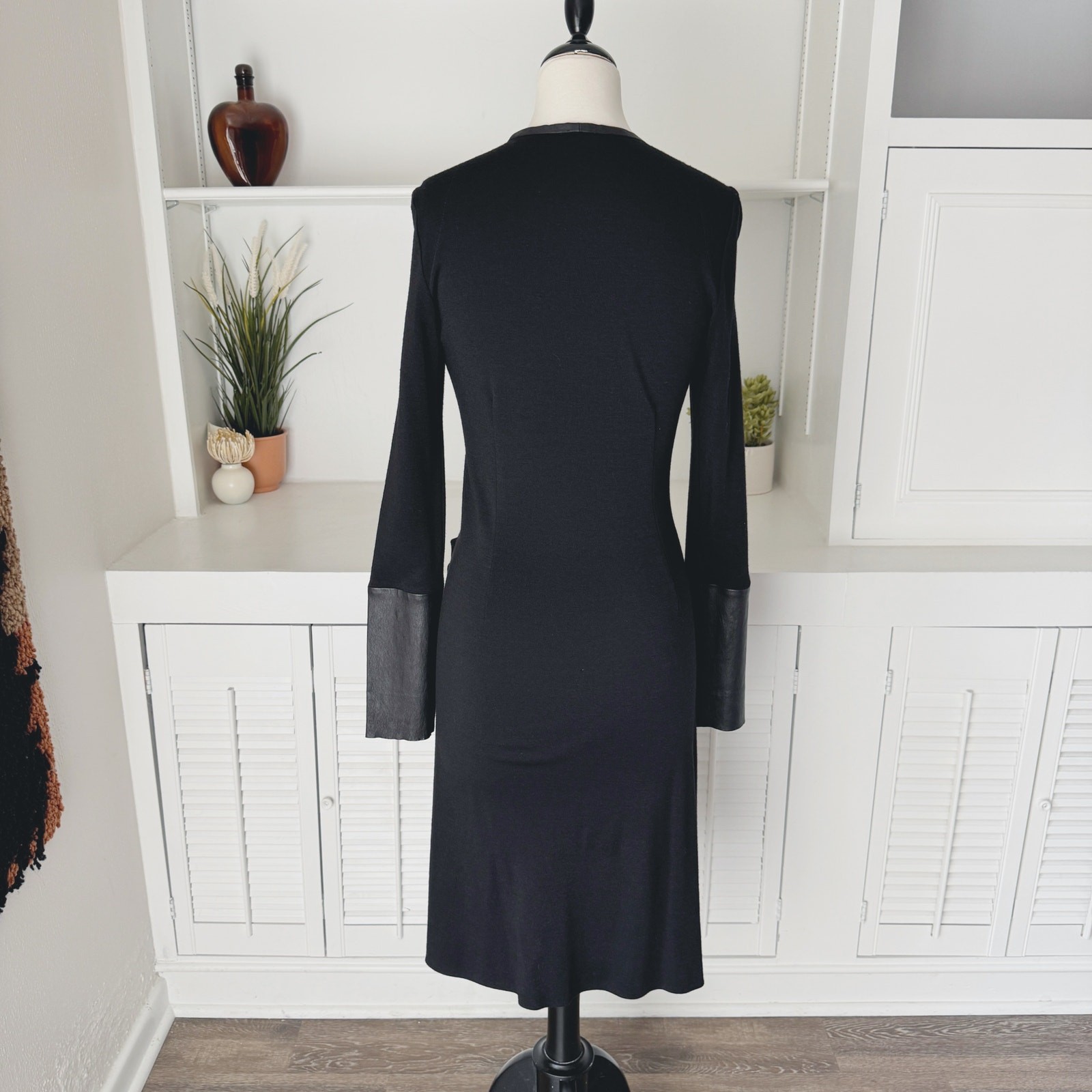 Joseph Black Wool Leather Sleeve Ruched V-Neck Muriel Midi Dress Size 10