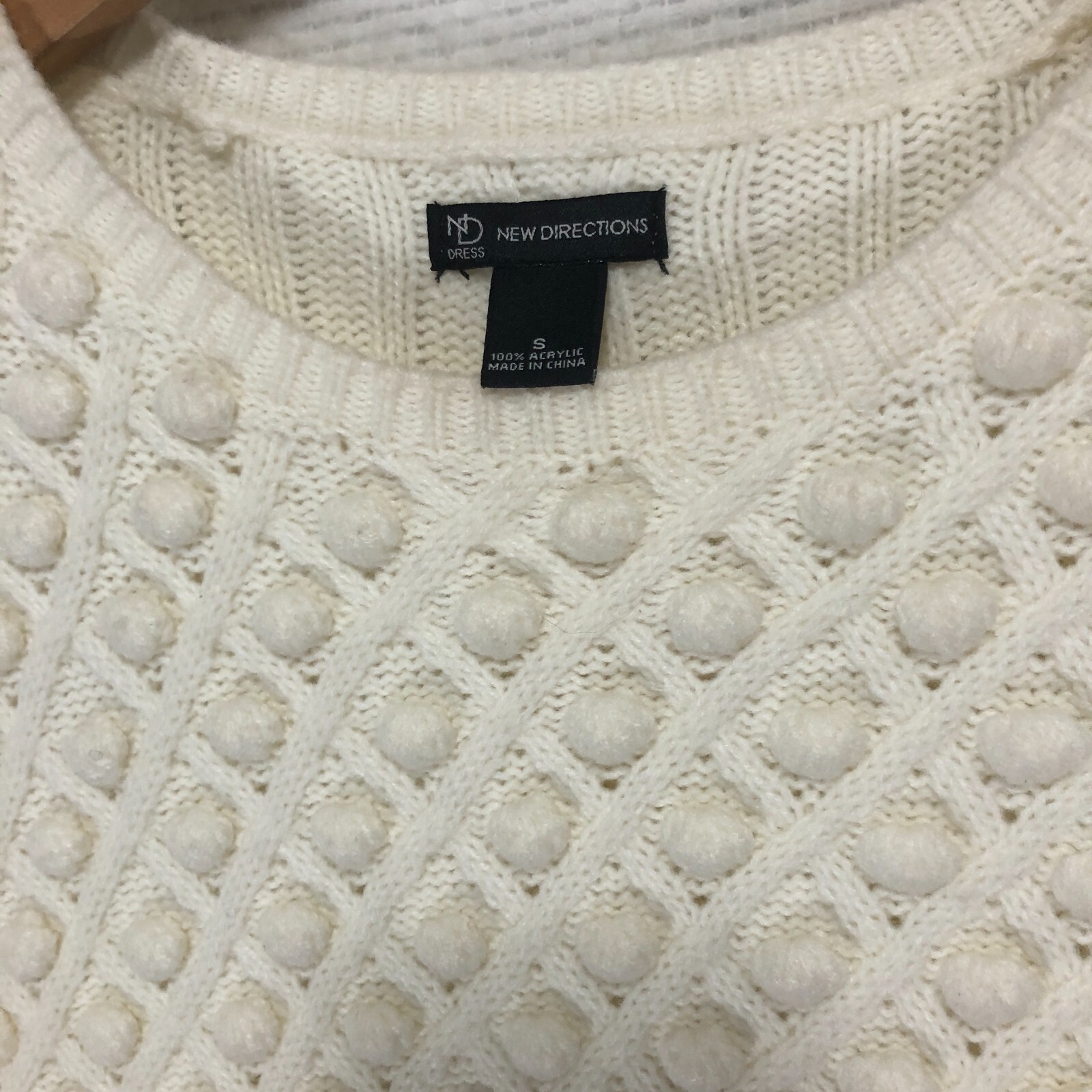 New Directions Cream Cable Knit Pom Pom Bobble Sweater Dress Small Ivory Mini
