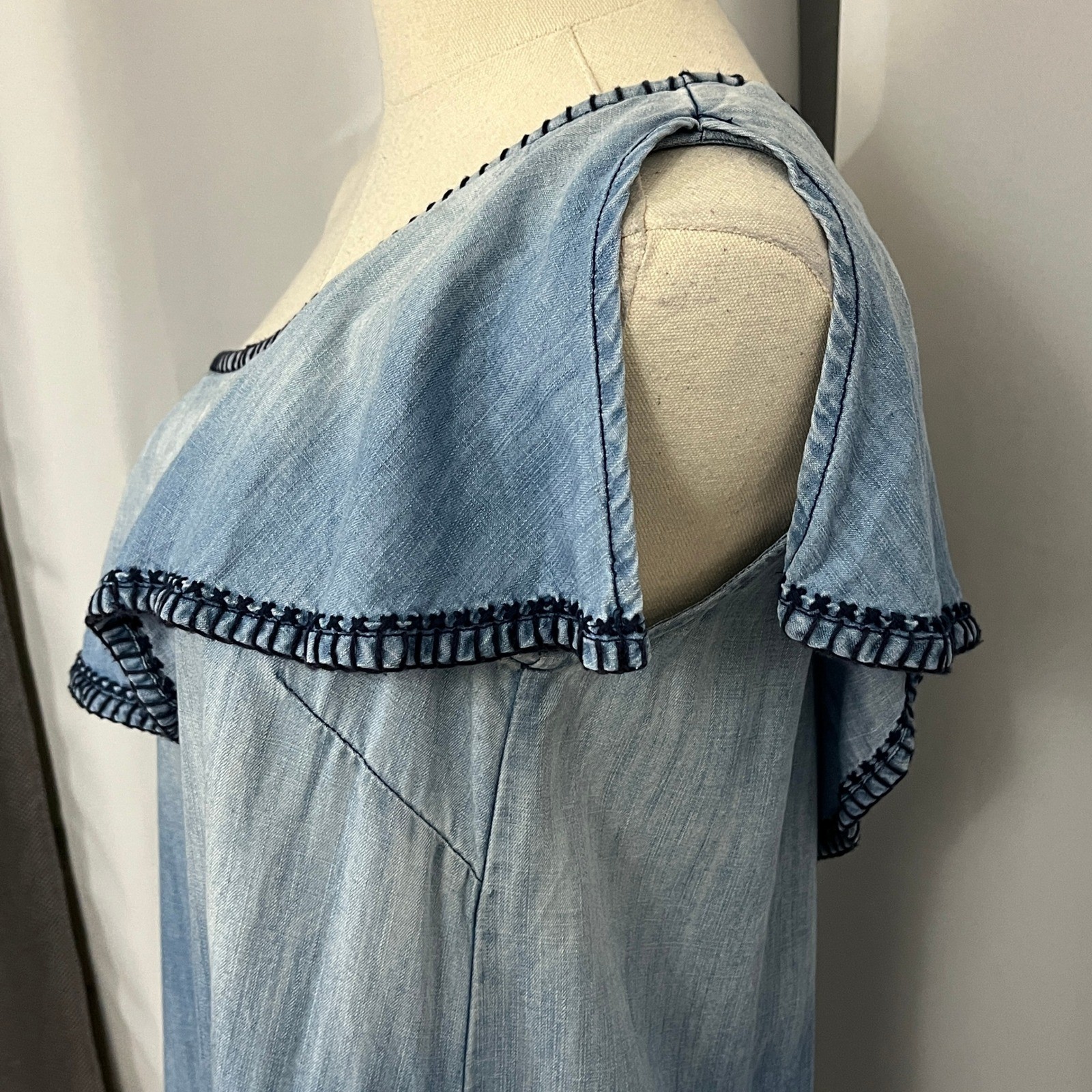 Cloth & Stone Chambray One Shoulder Dress Ruffle Women S Blue Shift Boho Coastal