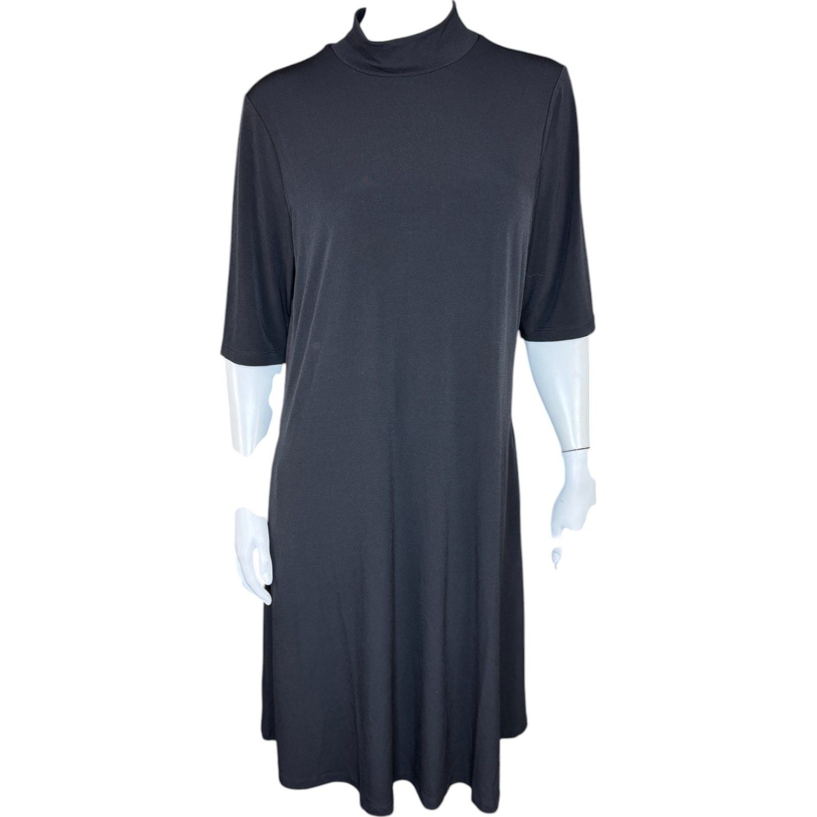 Susan Graver Liquid Knit Mock-Neck Elbow-Sleeve Dress Black Medium NWOT Flowy