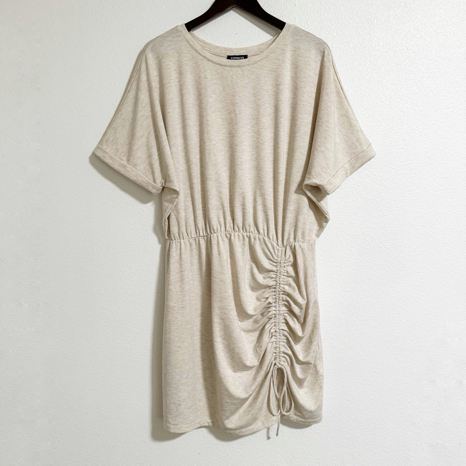 Express French Terry Knit Ruched Tee Shirt Dress Heathered Oatmeal Size XL