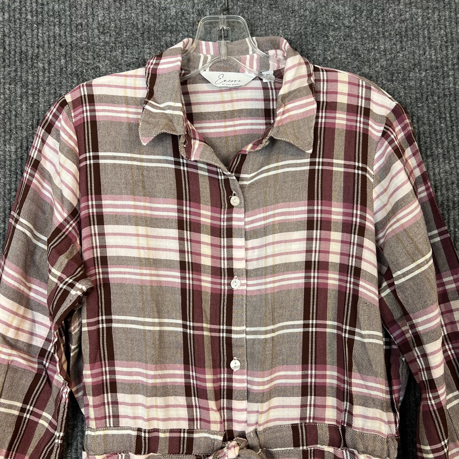 Encore by Idina Menzel Regular Button Front Shirt Dress Wine Pink Multi Sz XS