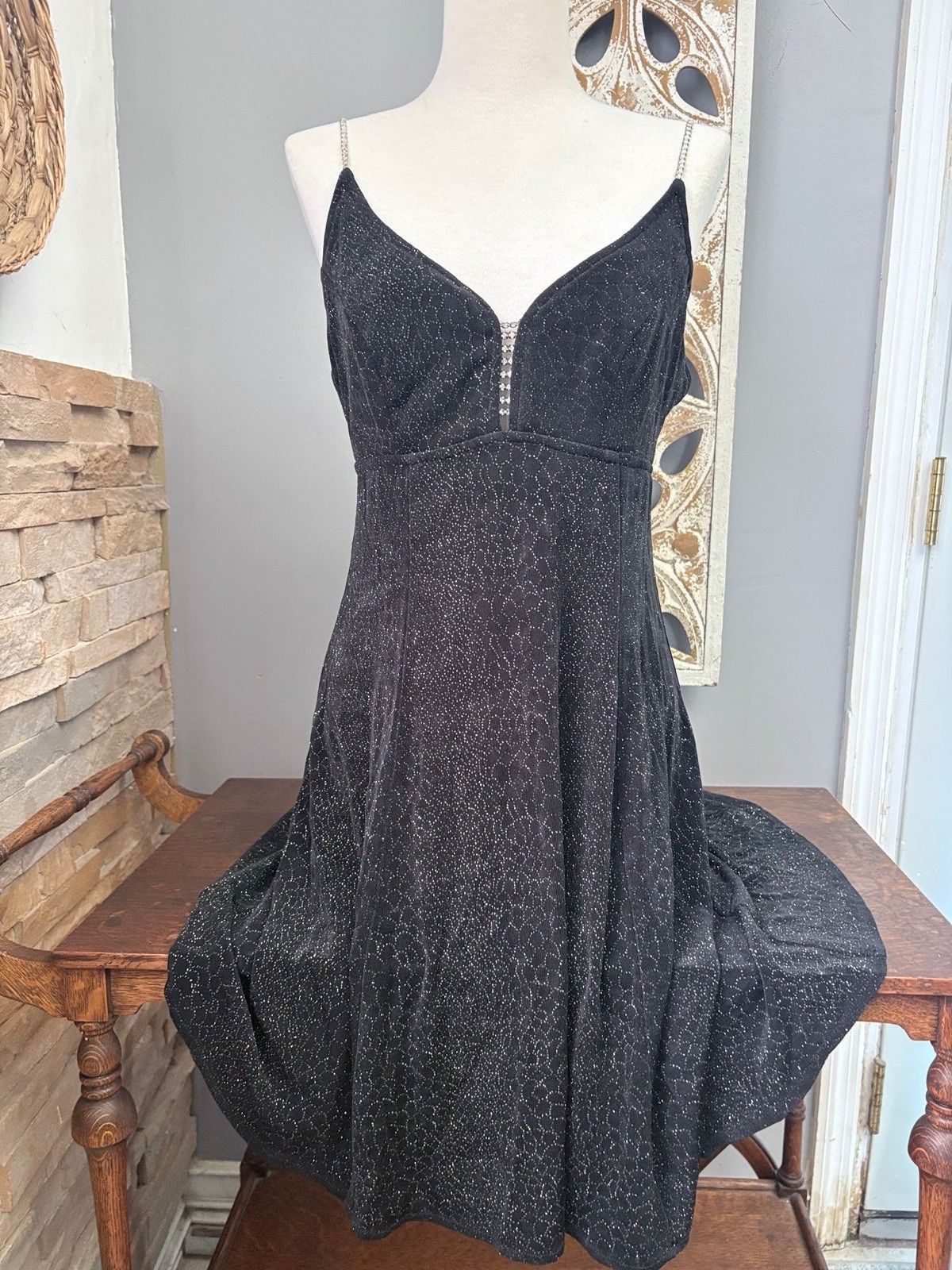 Vari Jay Black sparkly maxi dress with silver beaded straps and zipper y2k