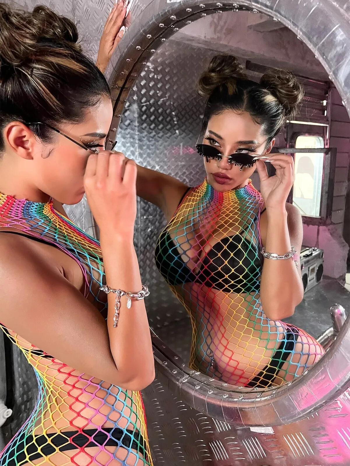 Sexy LGBT Rainbow Pride Hollow Out Net Dress Baby Doll No Lingerie US SELLER