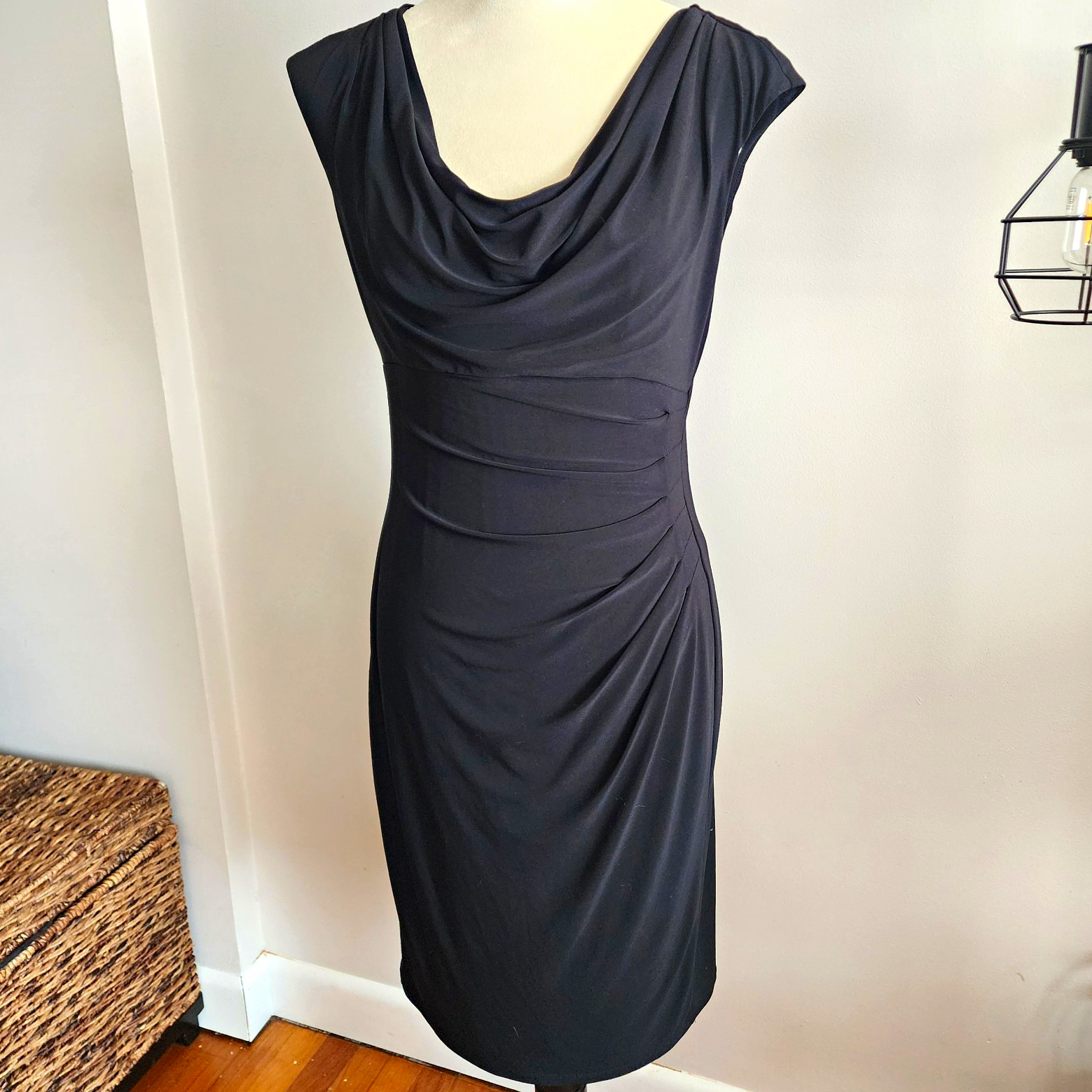 Lauren Ralph Lauren Black Cowl Neck Ruched Sheath Knee Length Dress 6