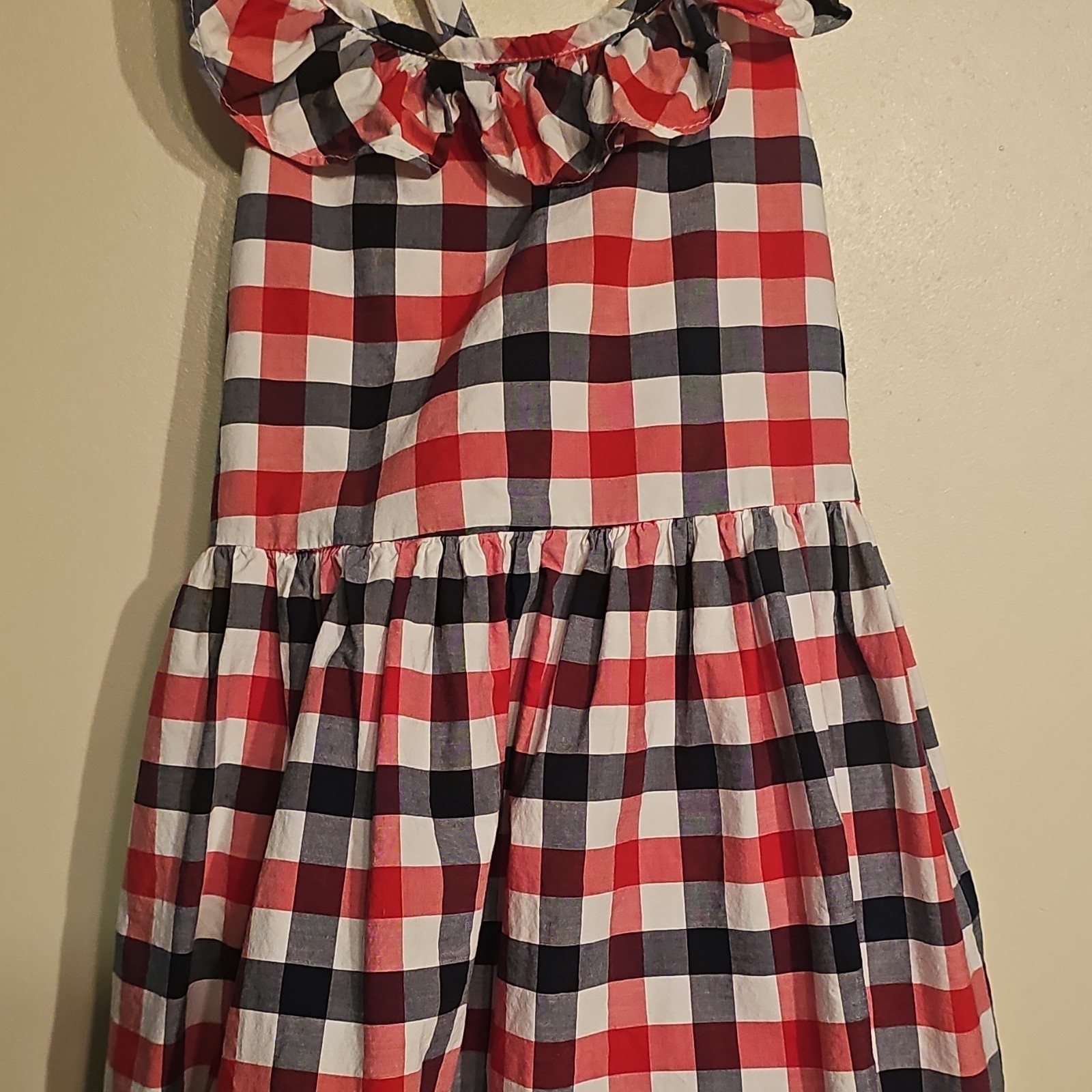 Red White Blue Gingham Square Neck Midi Sundress Button Front Ruffle Lined M