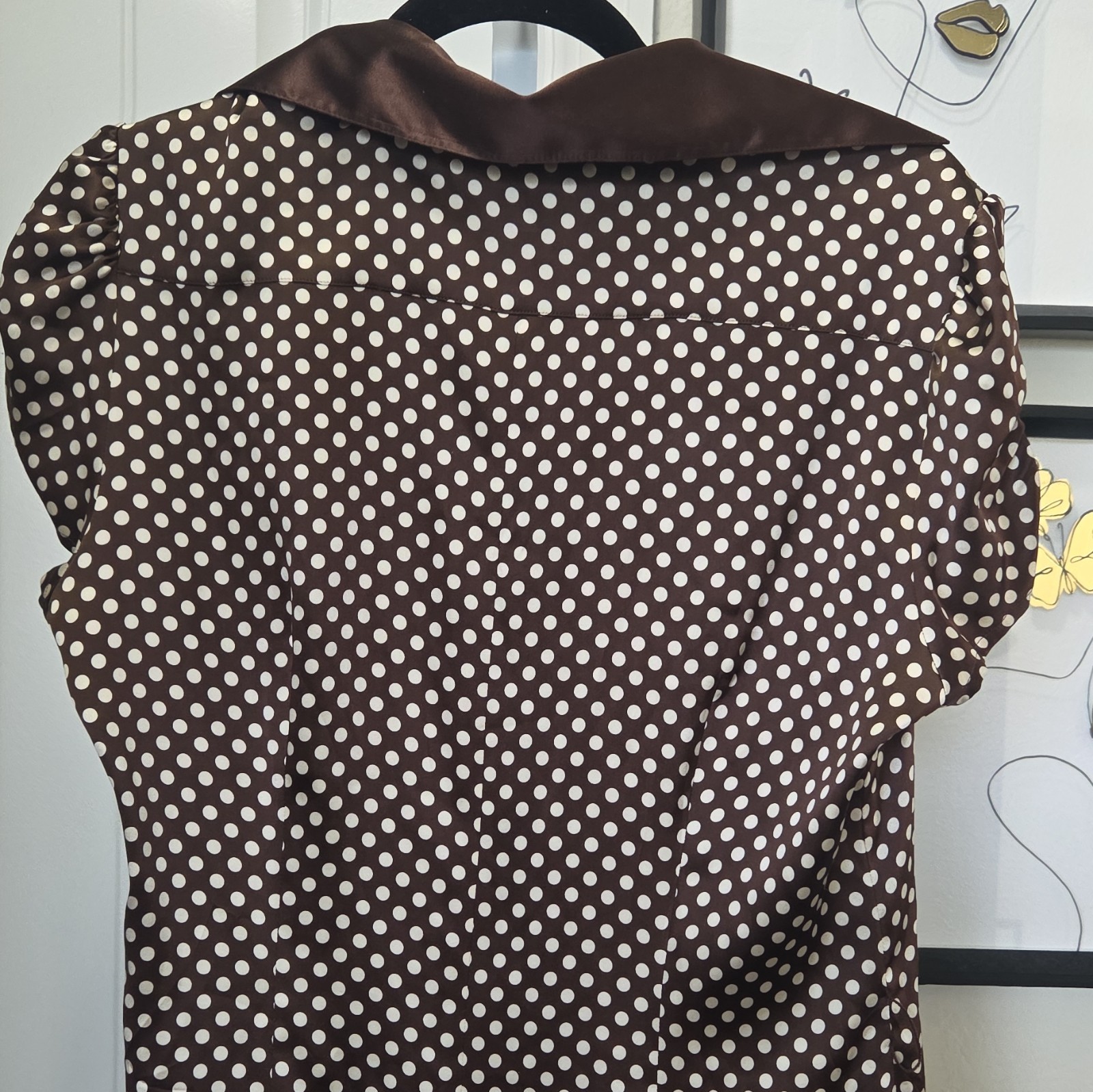 bebe Brown/White Polka Dot Collared Button-Front Shirt Dress Puff Sleeve Sz Lrg