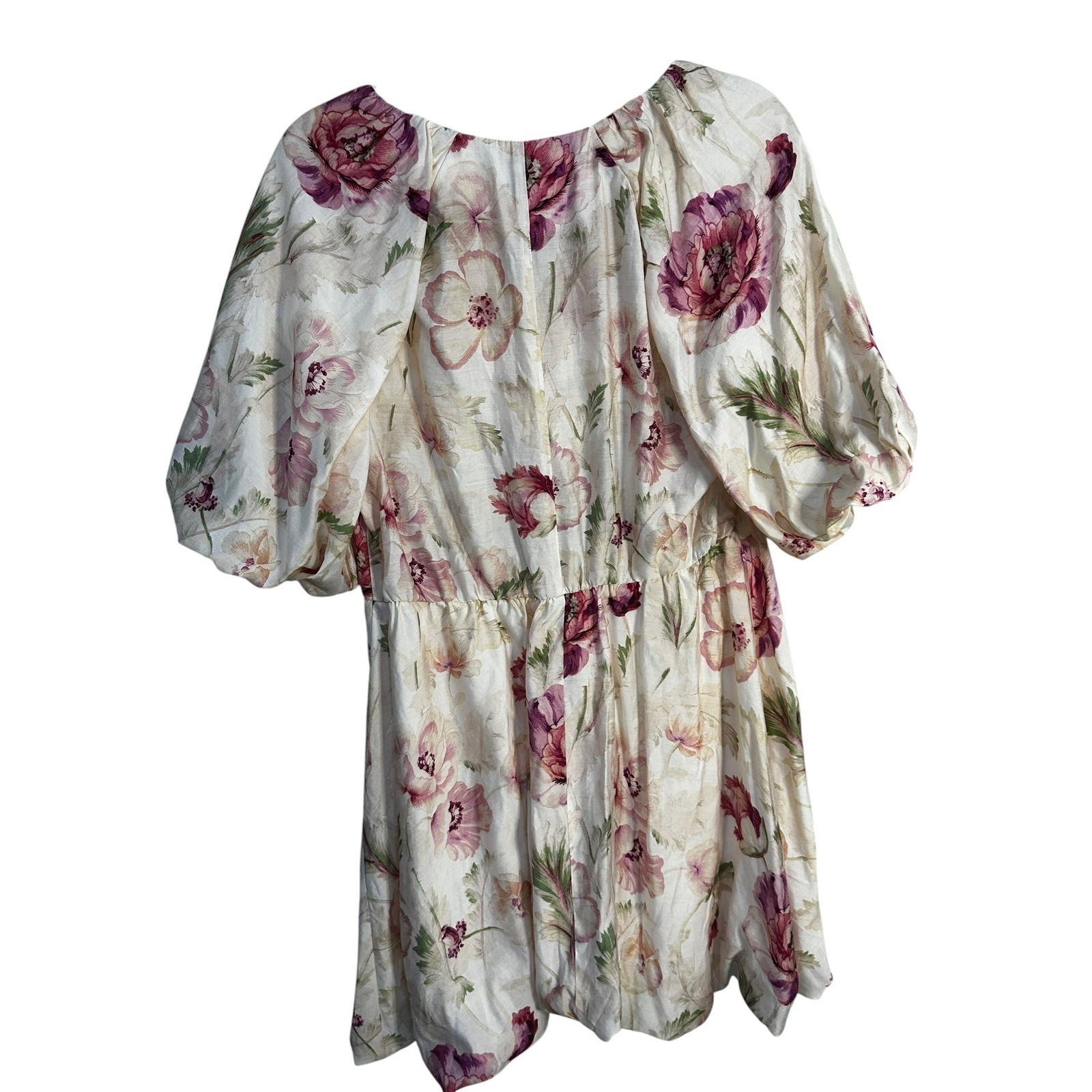 HM Floral Puff Sleeve Mini Dress V-Neck Front Pink Purple Cream Womens Size M