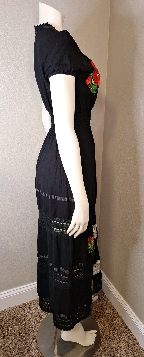 Black Long Mexican Dress Embroidered Colorful Flowers Size S Lace Trim Mexico