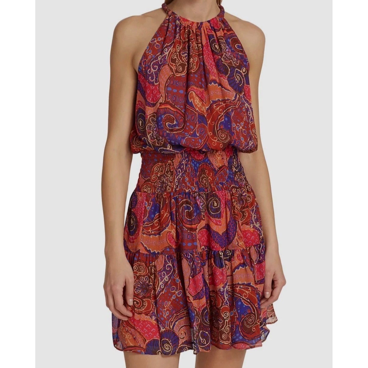 ALC Cory Silk Mini Dress Paisley Halter Smocked Waist Tiered Ruffle Orange Red 6