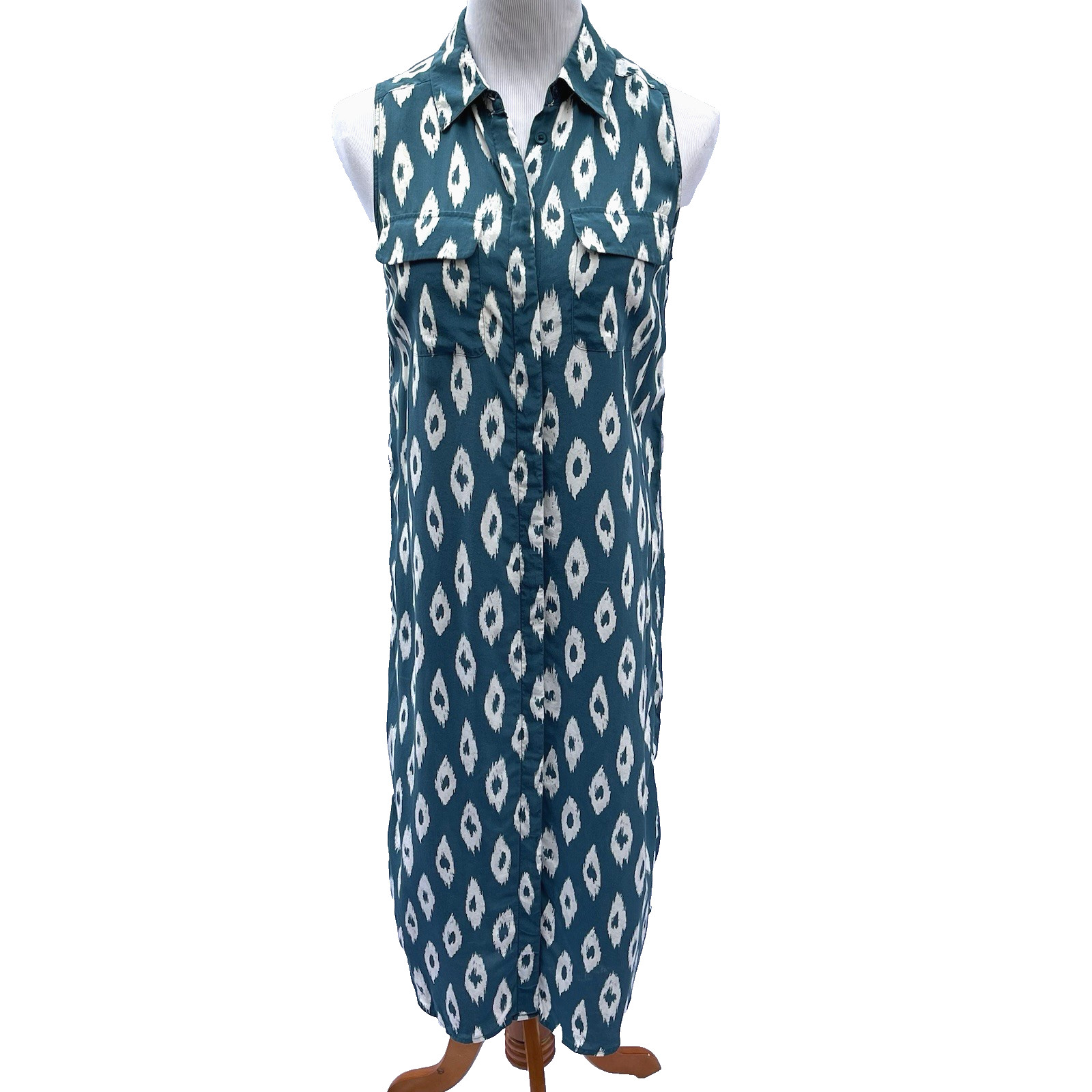 Equipment Femme Silk Sleeveless Dress S Teal Ivory Patterned Quiet Luxury Boho