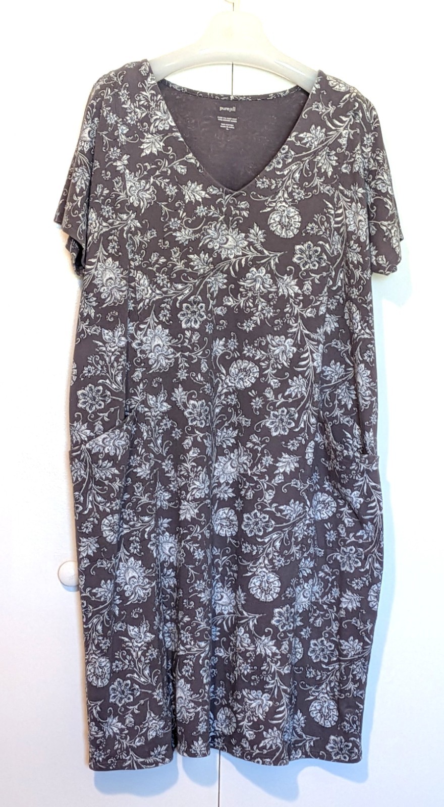 J Jill Pure Jill Easy Two Pocket Dress Gray Floral 100% Cotton XL Short Sleeve