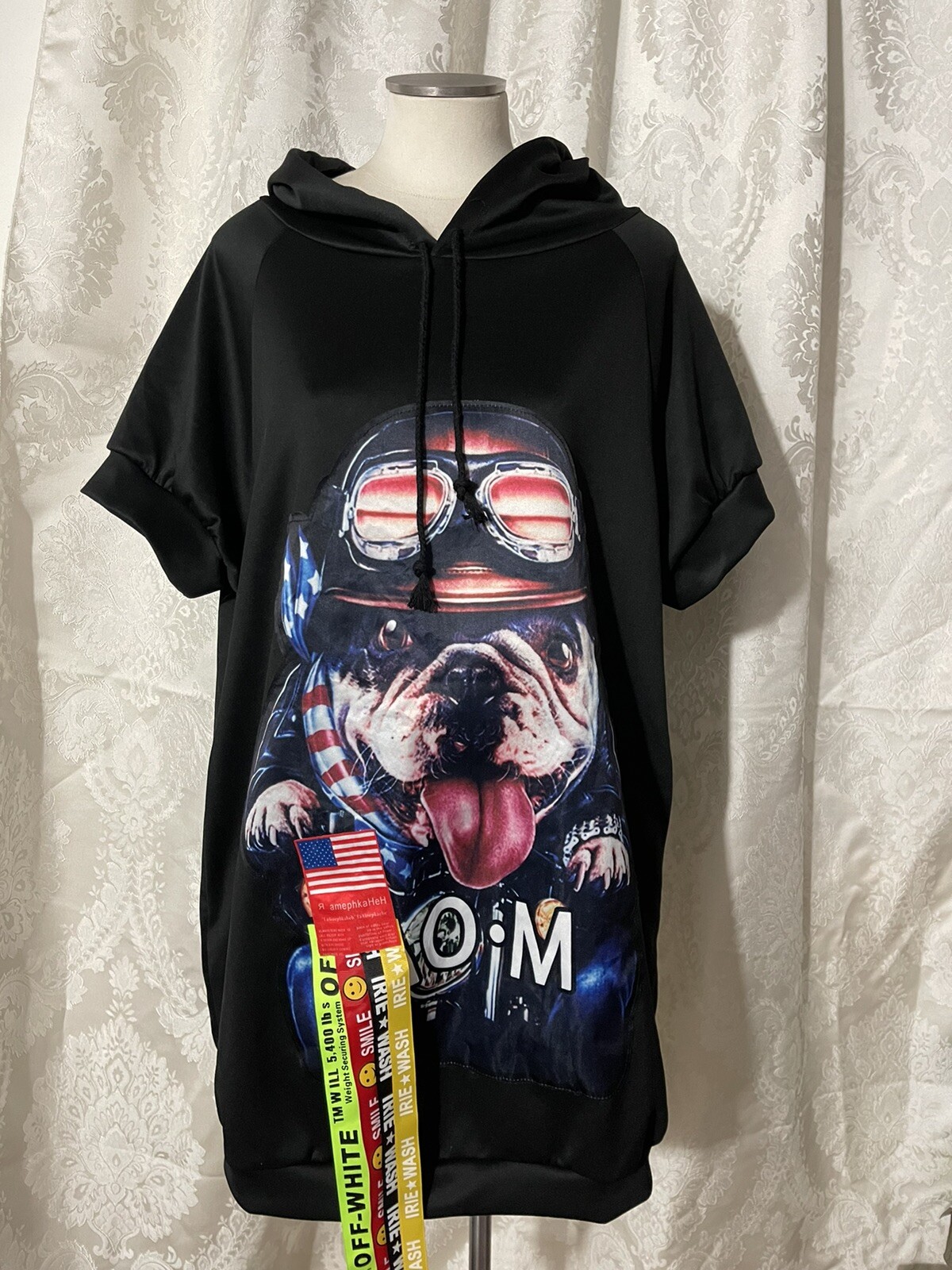 Black T Shirt Dress Hoodie Unique 3D Hooded Bulldog Design Short Sleeve Dress