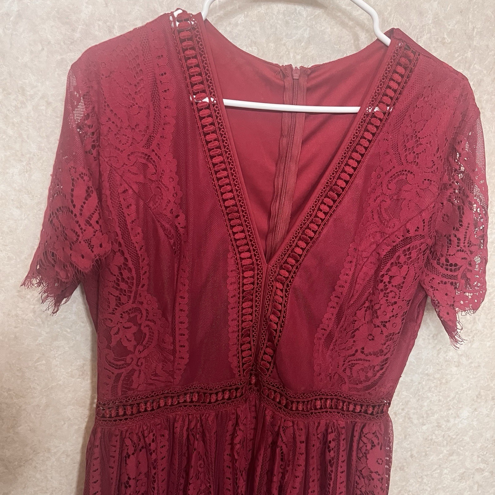 Women’s Maxi Dress Burgundy BOHO Romantic Lace Short Sleeve Empire Waist Size M