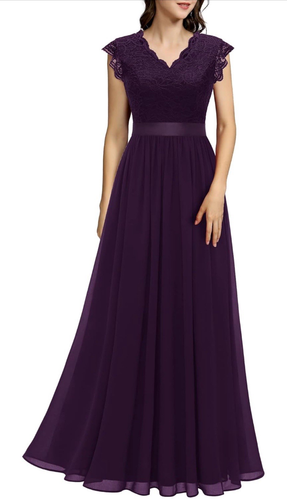 Dressystar Long V Neck Sleeveless Lace Top Chiffon Dress Sz Large Grape