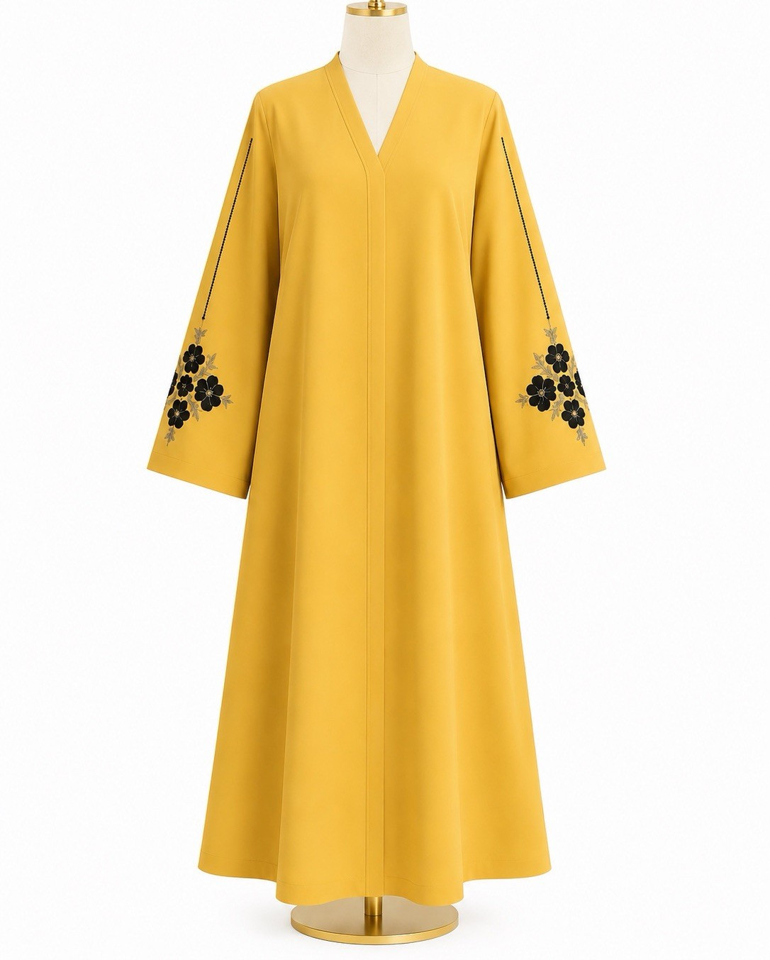 Women’s Mustard Yellow Floral Sleeve Open Front Abaya Maxi Dress Modest XL