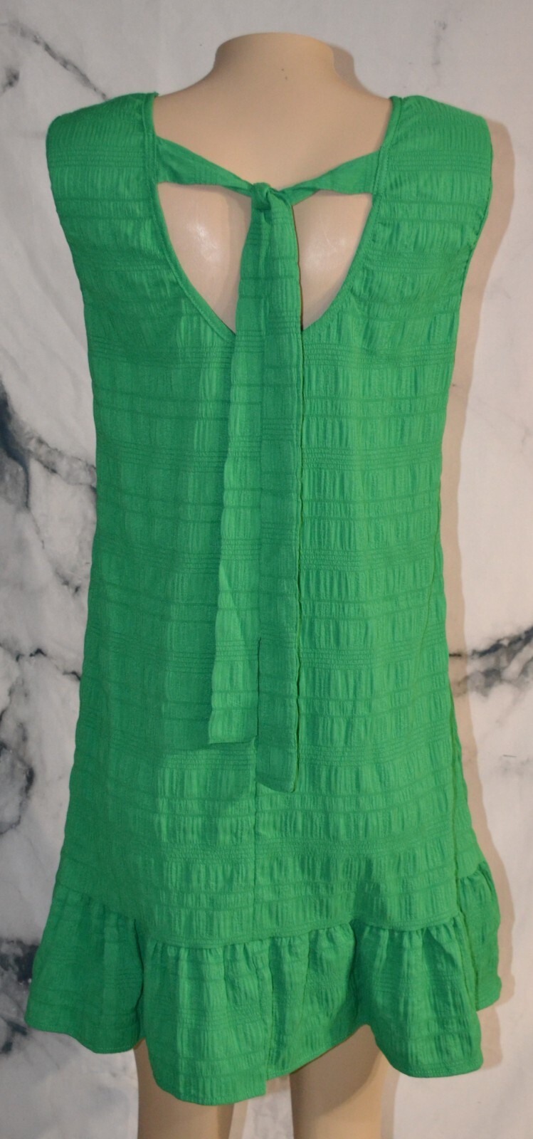 SHEIN Green Crinkle Stripe Sleeveless Tie Back Swing Dress 6 Unlined Ruffle Hem