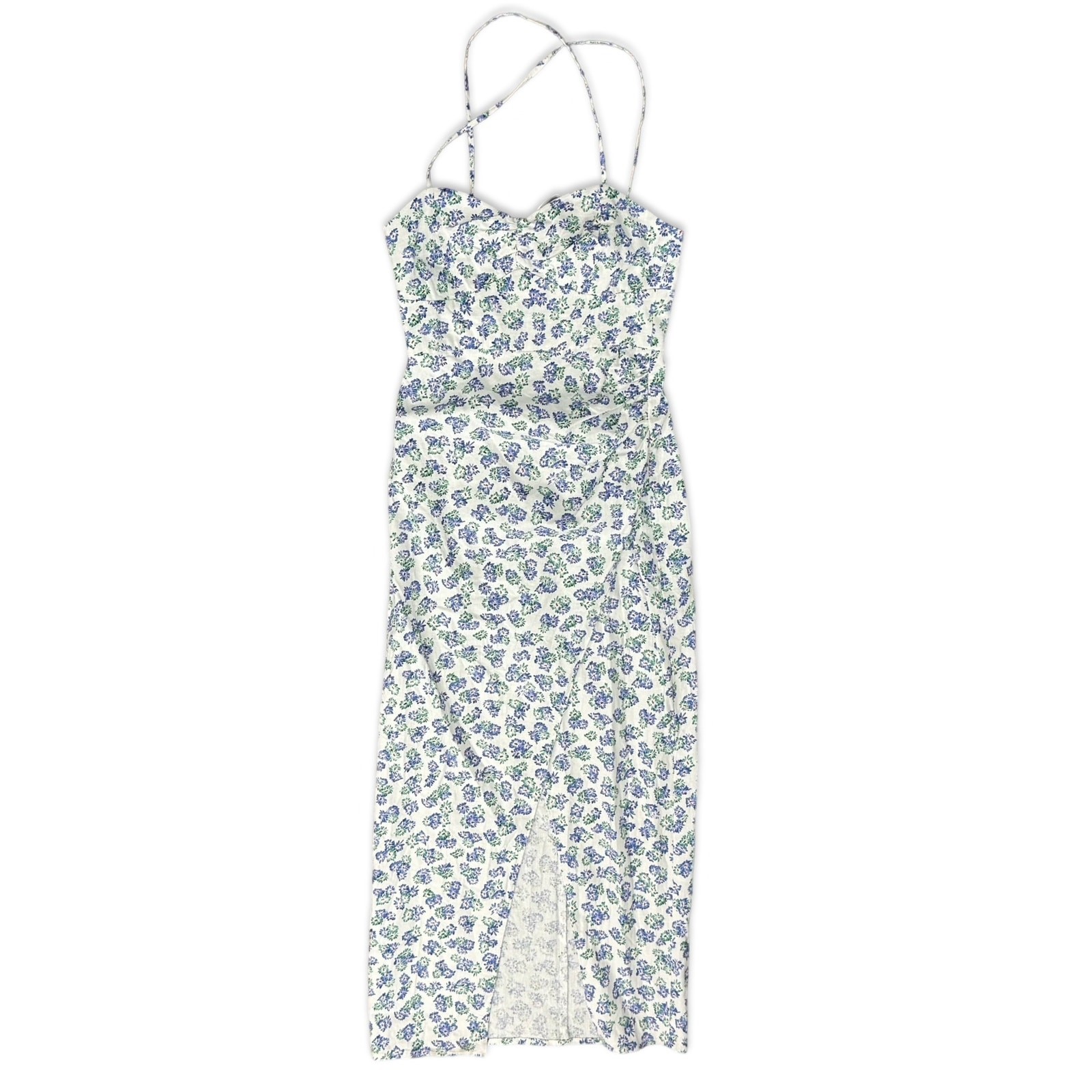 Zara White Blue Green Floral Cross Strap Front Slit Midi Dress size XS NEW Tags