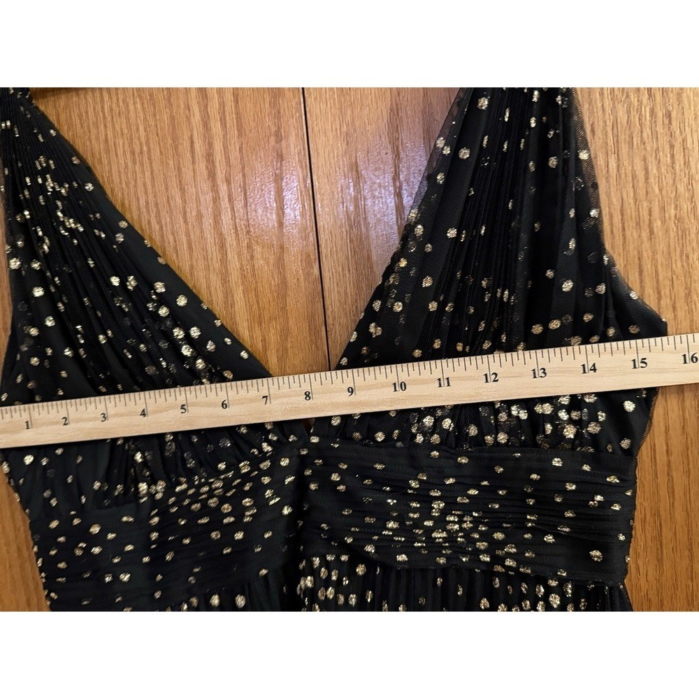 Jill Jill Stuart Black Gold Polka Dot Pleated Tulle V-Neck Gown Dress Size 6