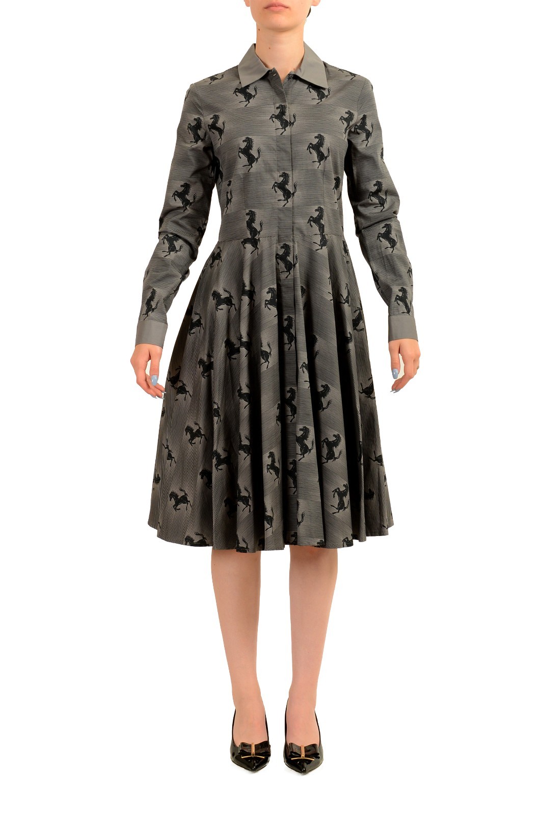 Scuderia Ferrari Women’s Gray Logo Print LS Fit & Flare Dress US XS IT 38