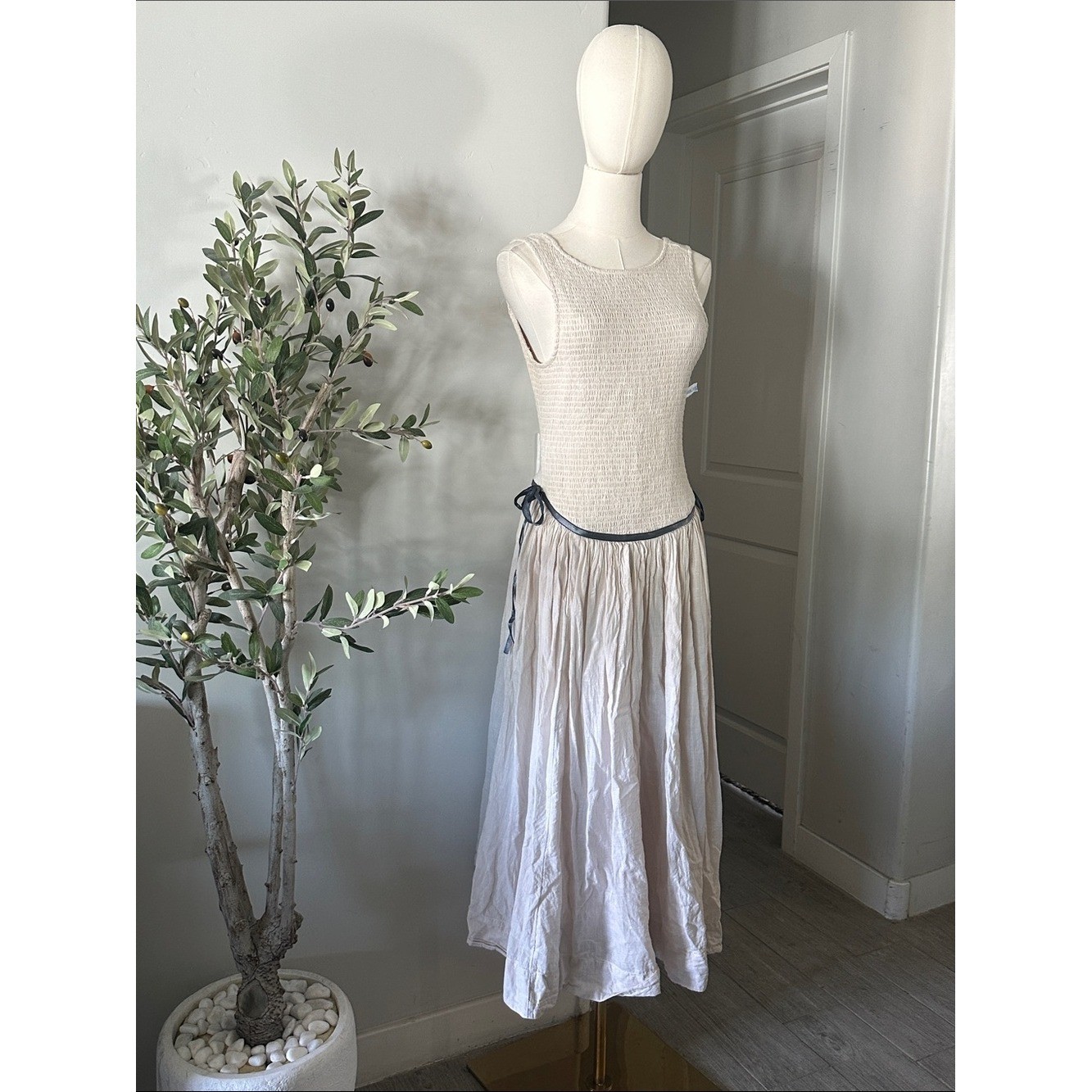 Free People Nightingale Smocked Seersucker Midi Dress in Tea Navy Combo New!
