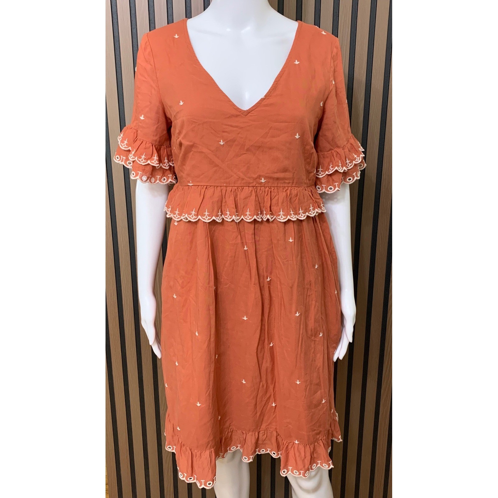 Anthropologie Terracotta Orange Embroidered Ruffle Peplum V-Neck Dress Size 6