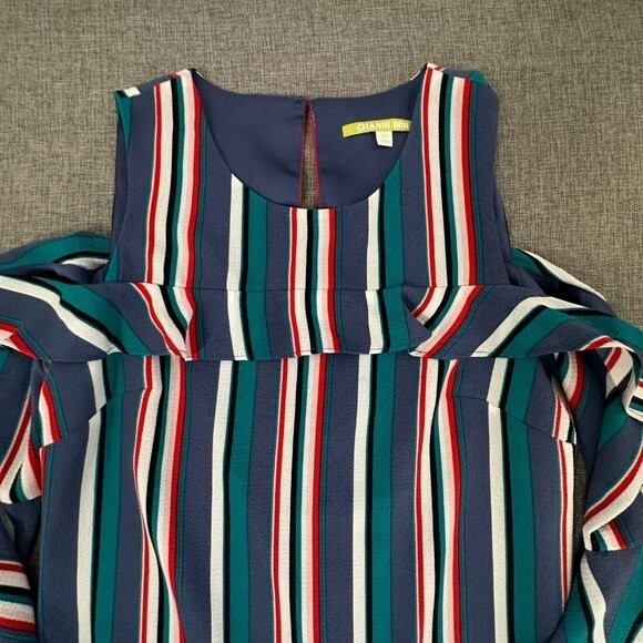 Gianni Bini Striped Dress Flutter Sleeves Cold Shoulder XS Blue Green Red White