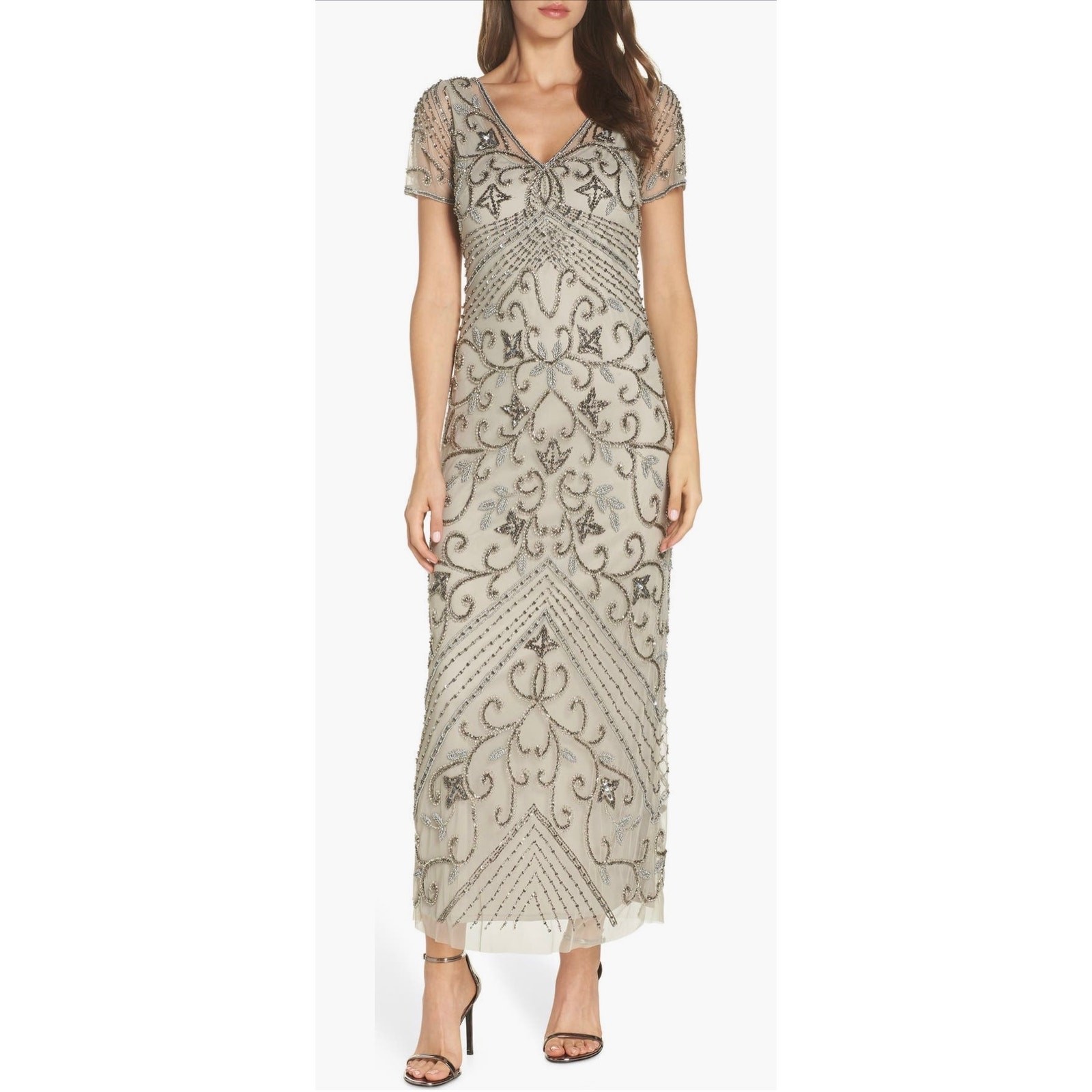 Pisarro Nights Beaded Mesh Column Gown in Oyster. Size 2. NWOT