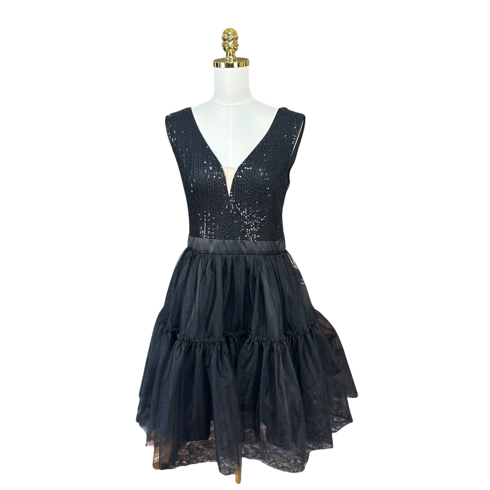 Womens Black Sequin Tulle Tiered Fit and Flare Party Dress Size L Sleeveless