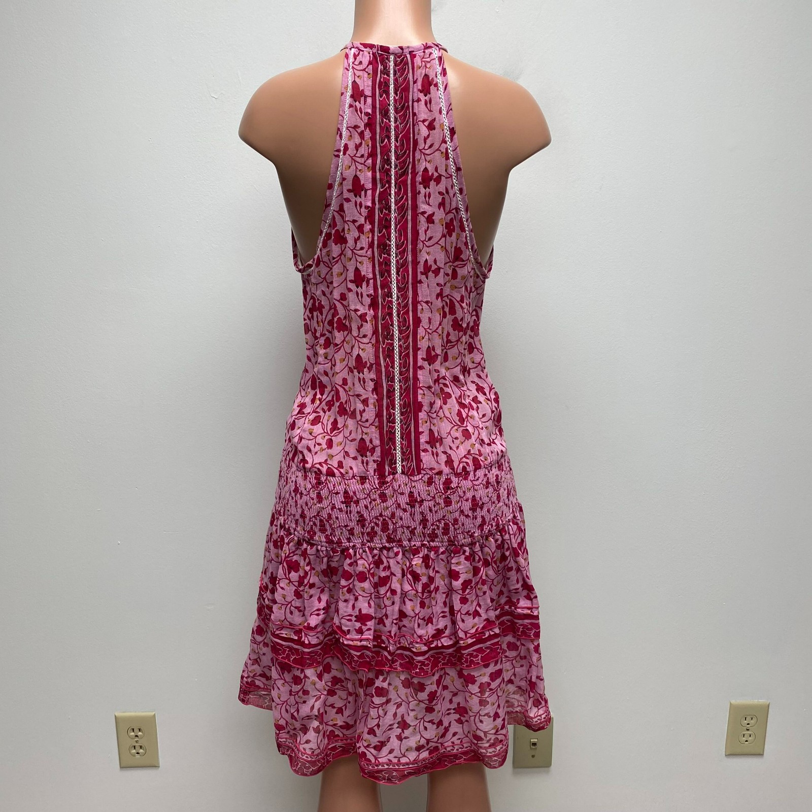 Poupette St Barth Womens Pink Floral Halter Sleeveless Smocked Ruffled Dress L