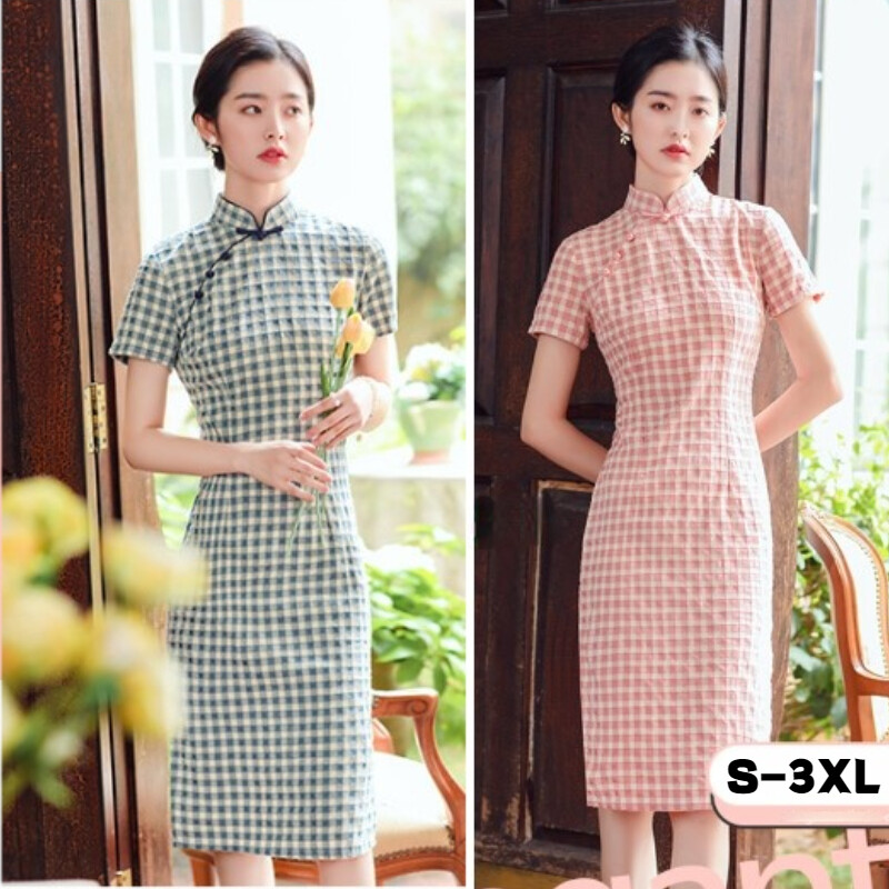 Chinese Traditional Cheongsam Check Midi Qipao Dress Oriental Gown Sweet