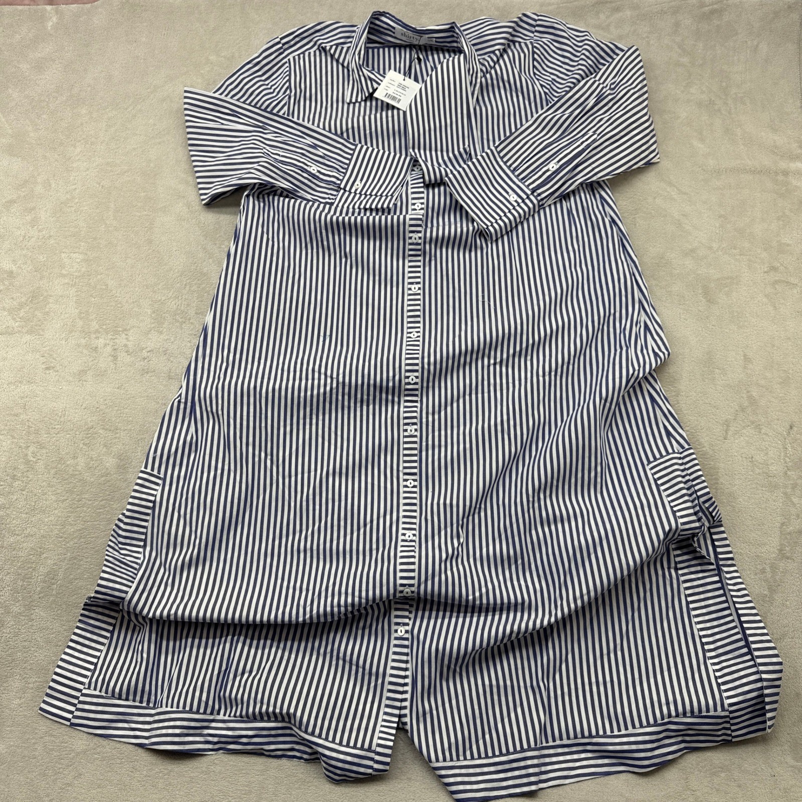Shirty Australia Sybil Longline Shirt Dress Women XL Navy Stripe Preppy Hamptons