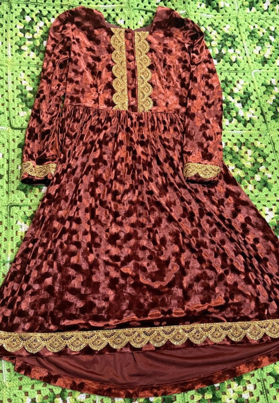 Vtg Handmade Velvety Gold Trim Dress Boho Retro Hippie Holiday Grunge Goth Fairy