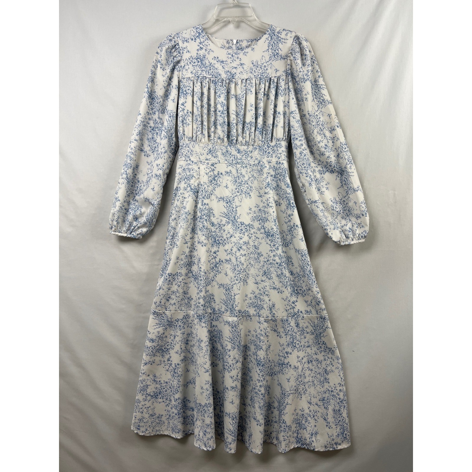 Dazy Floral Toile Midi Dress Women XS White Blue Long Sleeve Pleated Cottagecore