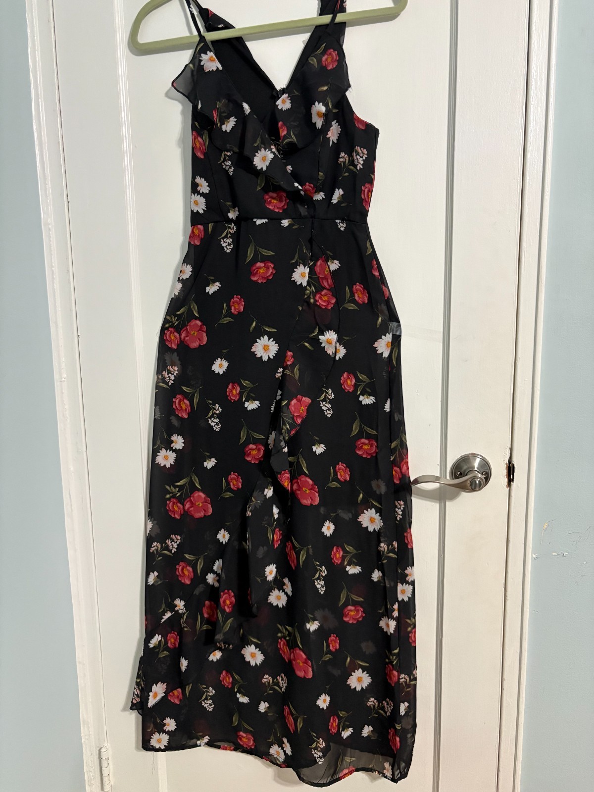 Womens Floral Maxi Dress Black Chiffon Wrap V-Neck Ruffle Sleeveless Slit