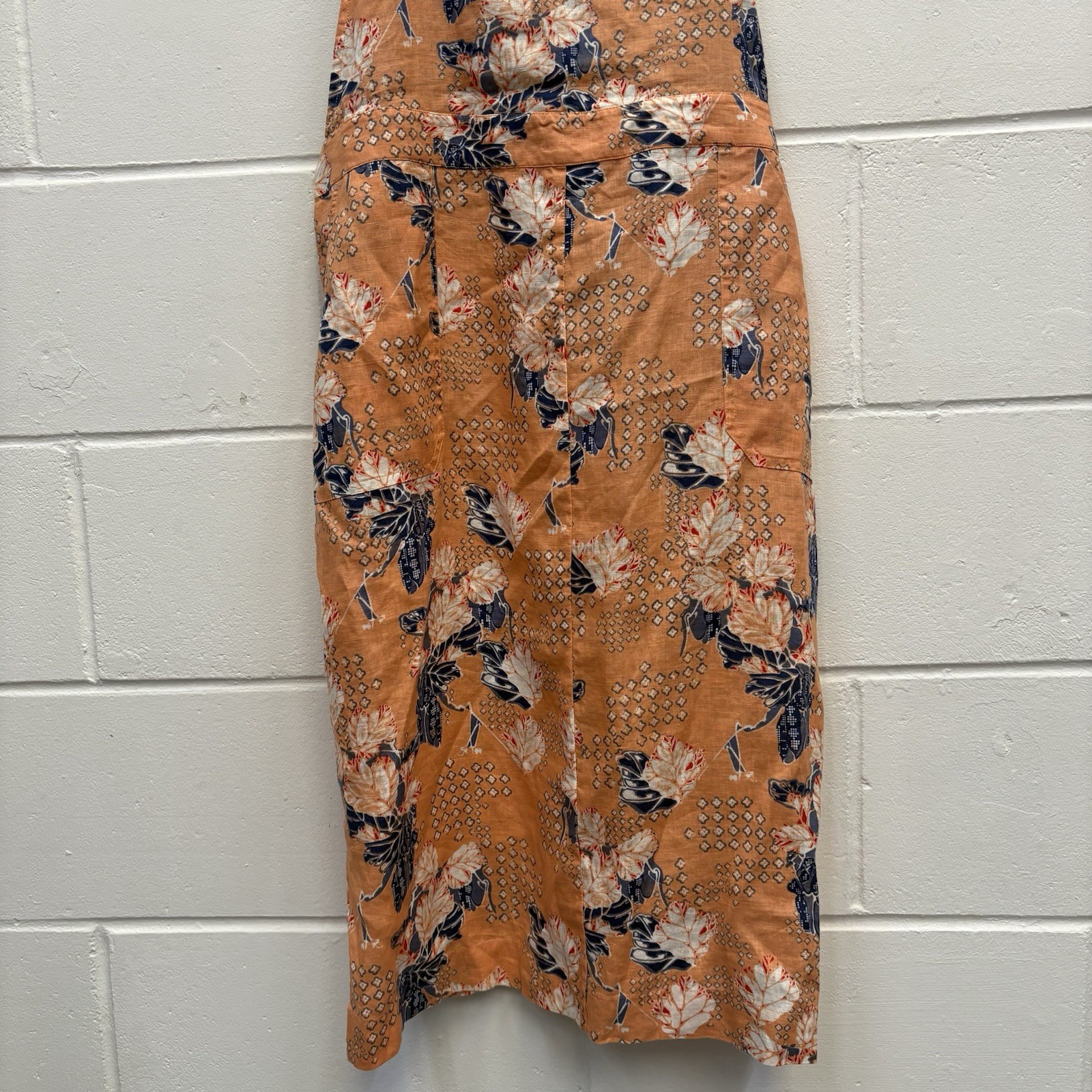 White Stuff Yuki Linen Pinafore Dress UK 18 Orange Floral Midi Dungaree Dress