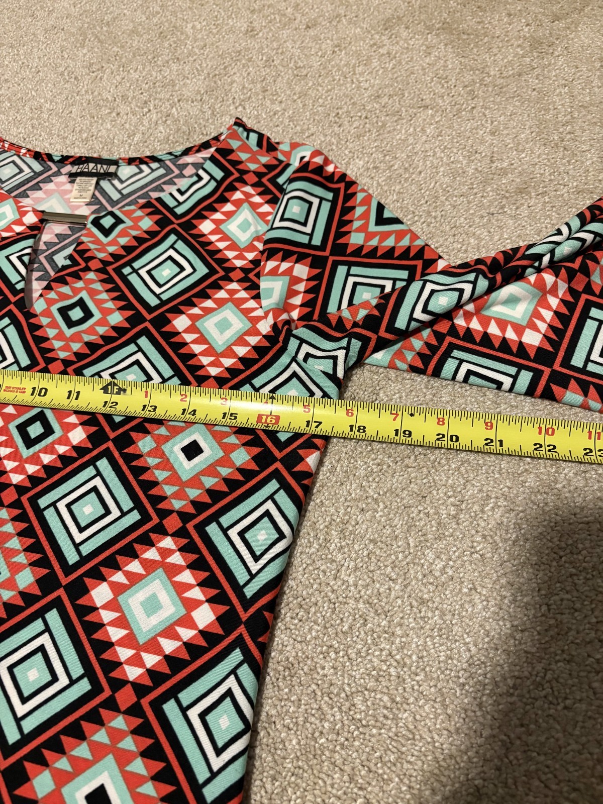 Haani Womens Mod Tunic Dress Bell Sleeve Stretch Aztec Salmon Turqiouse Sz M