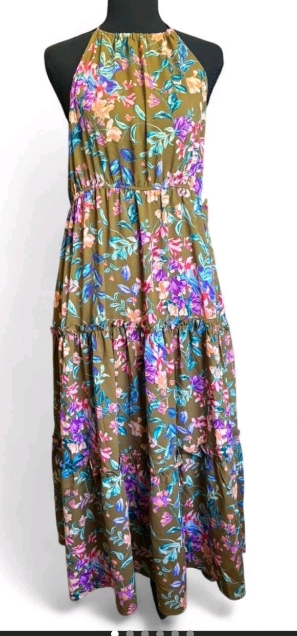 By The River Halter Tiered Ruffled Floral Maxi Dress Size L Summer To Fall EUC