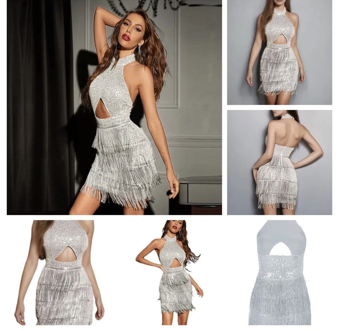 Silver Sequined Tassel Fringed Dress Halter Navel Cutout Dance Wedding Club Sz M
